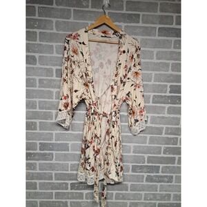 Floral Lace Trim Women's Robe - Cream Floral